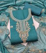 sea green unstitched thread embroidery handwork with embroidered dupatta silk blend dress material