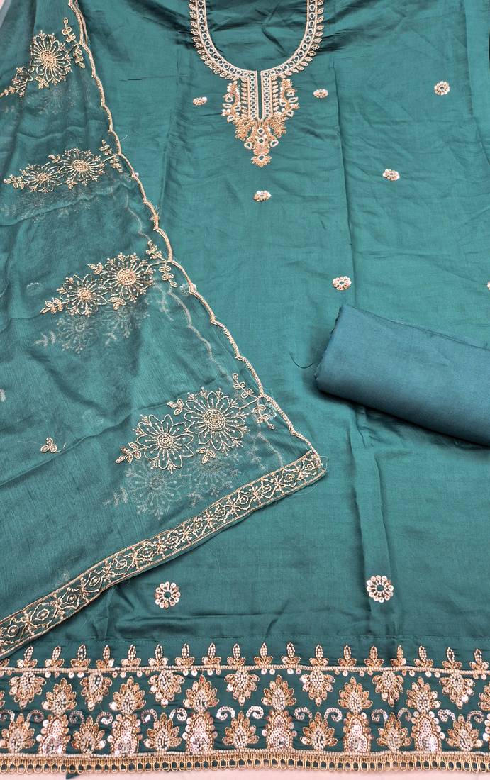 sea green unstitched thread embroidery handwork with embroidered dupatta silk blend dress material