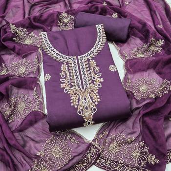 purple unstitched thread embroidery handwork with embroidered dupatta silk blend dress material 1