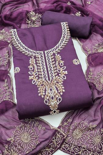 purple unstitched thread embroidery handwork with embroidered dupatta silk blend dress material