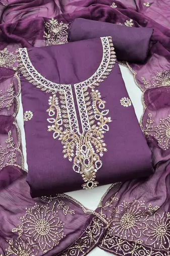 purple unstitched thread embroidery handwork with embroidered dupatta silk blend dress material
