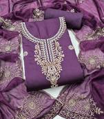 purple unstitched thread embroidery handwork with embroidered dupatta silk blend dress material