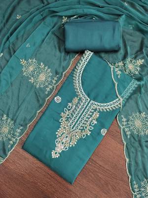sea green unstitched thread embroidery handwork with embroidered dupatta silk blend dress material 4