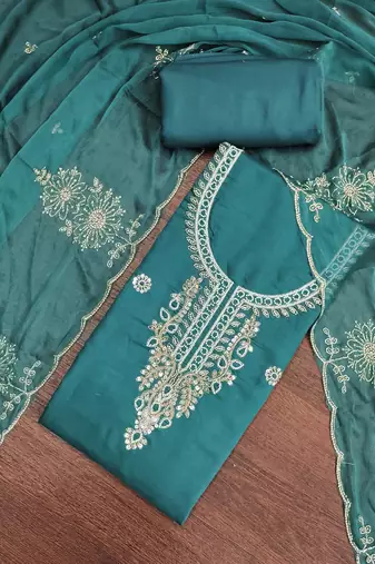 sea green unstitched thread embroidery handwork with embroidered dupatta silk blend dress material