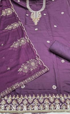 purple unstitched thread embroidery handwork with embroidered dupatta silk blend dress material 2