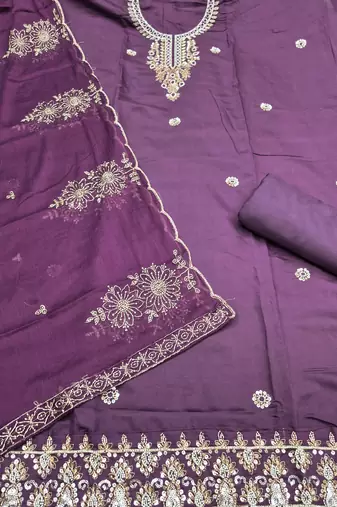 purple unstitched thread embroidery handwork with embroidered dupatta silk blend dress material