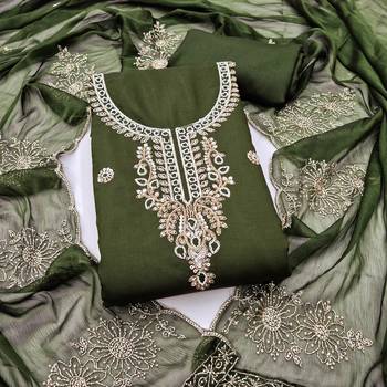 green unstitched thread embroidery handwork with embroidered dupatta silk blend dress material 1