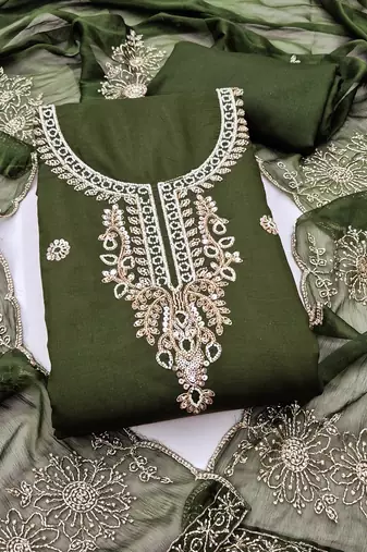 green unstitched thread embroidery handwork with embroidered dupatta silk blend dress material