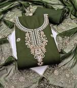 green unstitched thread embroidery handwork with embroidered dupatta silk blend dress material