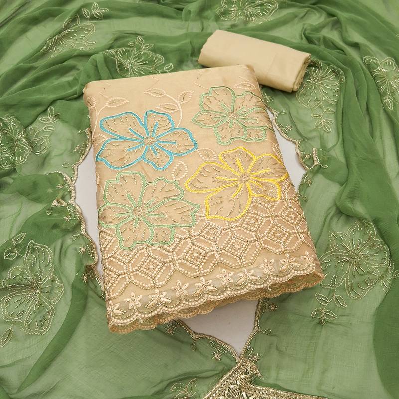 beige unstitched thread work beads work with embroidered dupatta salsa dress material