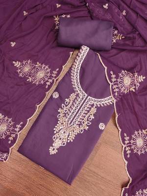 purple unstitched thread embroidery handwork with embroidered dupatta silk blend dress material 4