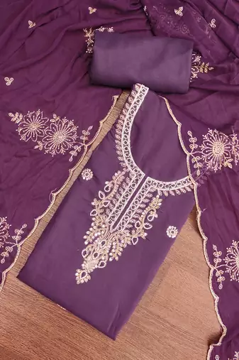 purple unstitched thread embroidery handwork with embroidered dupatta silk blend dress material