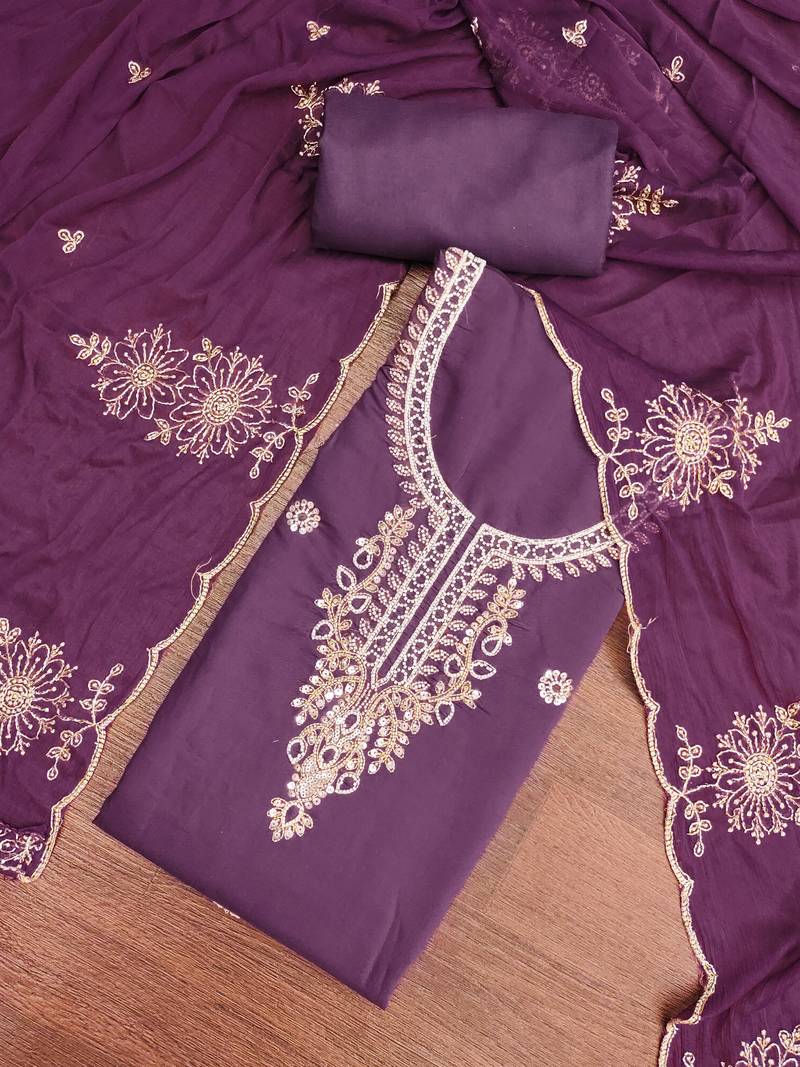 purple unstitched thread embroidery handwork with embroidered dupatta silk blend dress material