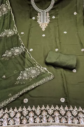 green unstitched thread embroidery handwork with embroidered dupatta silk blend dress material