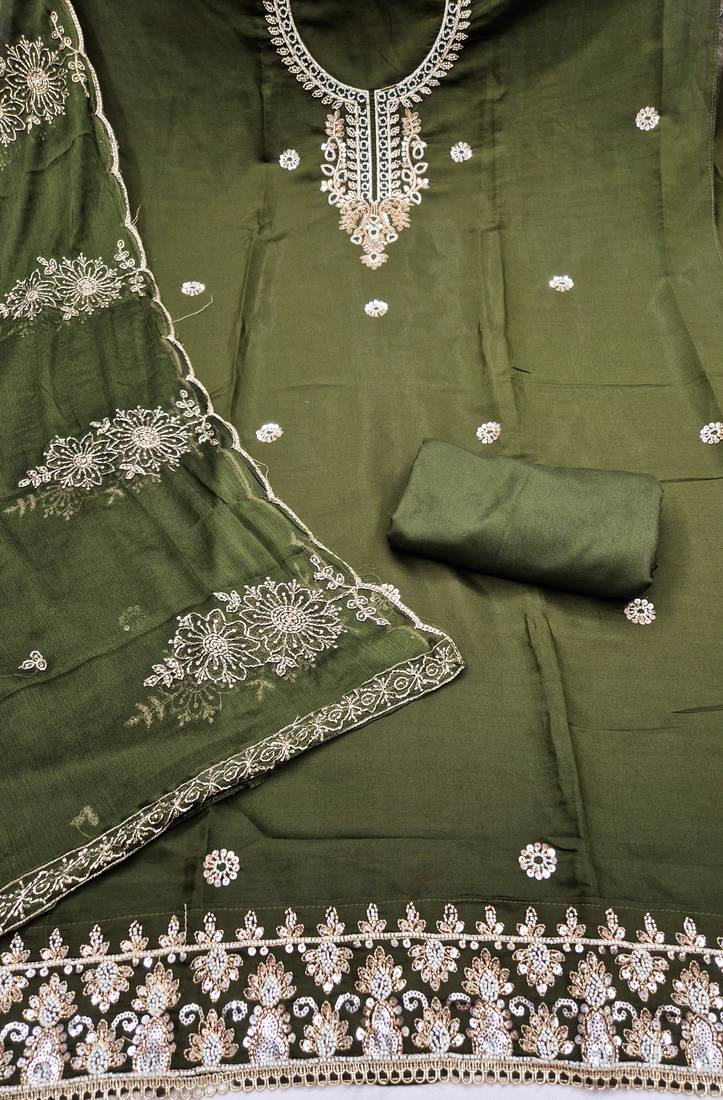 green unstitched thread embroidery handwork with embroidered dupatta silk blend dress material