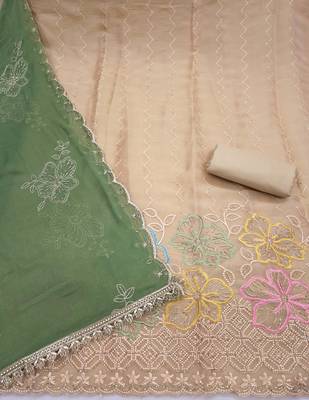 beige unstitched thread work beads work with embroidered dupatta salsa dress material 2
