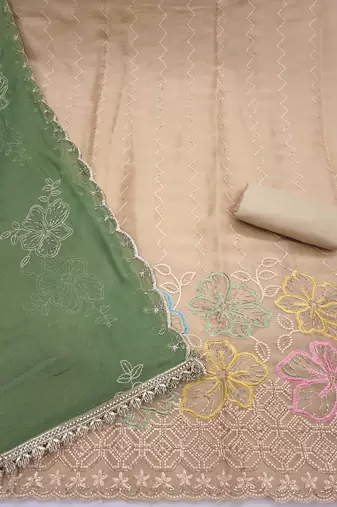 beige unstitched thread work beads work with embroidered dupatta salsa dress material