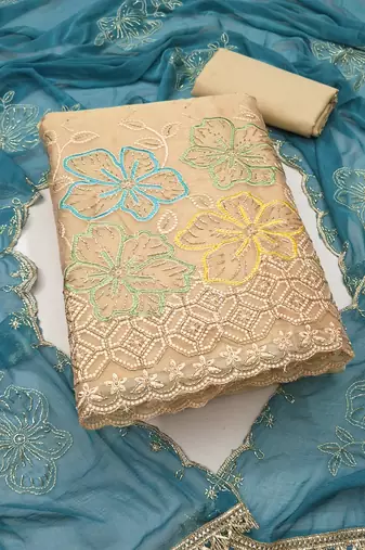 beige unstitched thread work beads work with embroidered dupatta salsa dress material