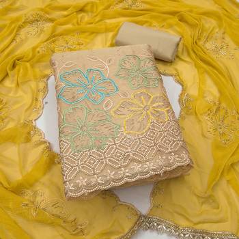 beige unstitched thread work beads work with embroidered dupatta salsa dress material 1