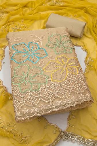 beige unstitched thread work beads work with embroidered dupatta salsa dress material