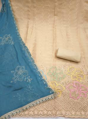 beige unstitched thread work beads work with embroidered dupatta salsa dress material 2