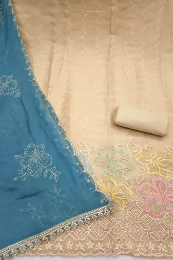 beige unstitched thread work beads work with embroidered dupatta salsa dress material
