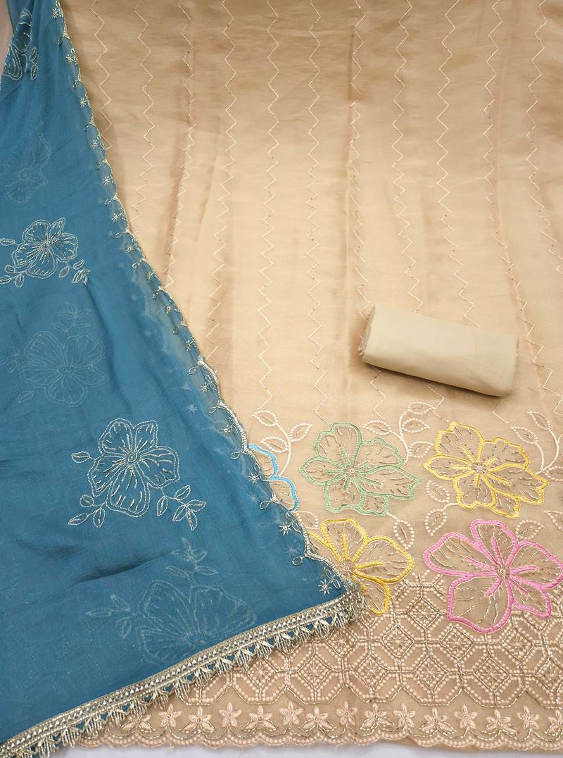beige unstitched thread work beads work with embroidered dupatta salsa dress material