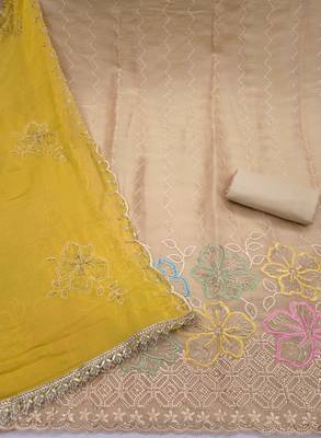 beige unstitched thread work beads work with embroidered dupatta salsa dress material 2