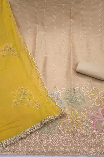 beige unstitched thread work beads work with embroidered dupatta salsa dress material