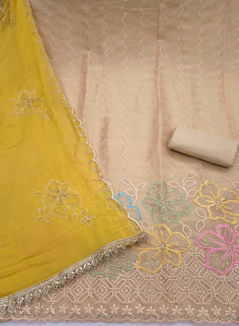 beige unstitched thread work beads work with embroidered dupatta salsa dress material