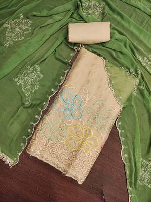 beige unstitched thread work beads work with embroidered dupatta salsa dress material 4