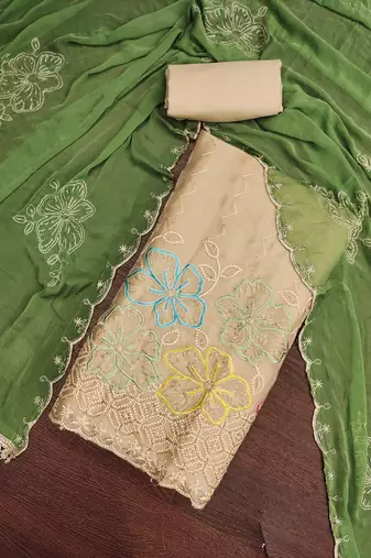 beige unstitched thread work beads work with embroidered dupatta salsa dress material