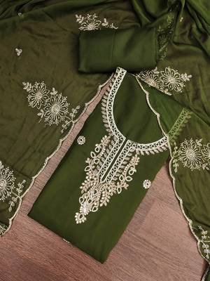 green unstitched thread embroidery handwork with embroidered dupatta silk blend dress material 4