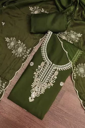 green unstitched thread embroidery handwork with embroidered dupatta silk blend dress material