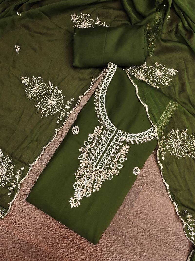 green unstitched thread embroidery handwork with embroidered dupatta silk blend dress material