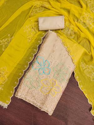 beige unstitched thread work beads work with embroidered dupatta salsa dress material 4