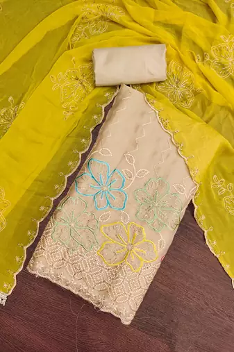 beige unstitched thread work beads work with embroidered dupatta salsa dress material
