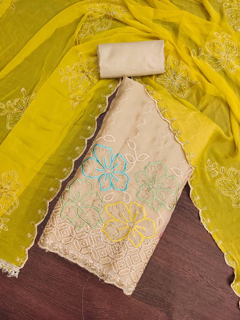 beige unstitched thread work beads work with embroidered dupatta salsa dress material