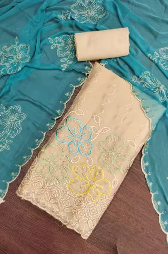 beige unstitched thread work beads work with embroidered dupatta salsa dress material