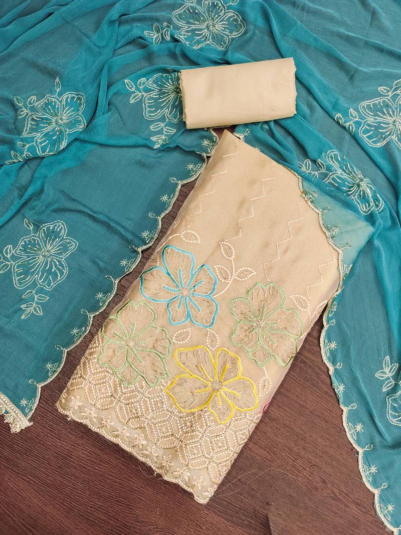 beige unstitched thread work beads work with embroidered dupatta salsa dress material