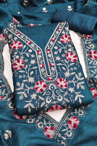sea green unstitched thread embroidery with embroidered dupatta silk blend dress material