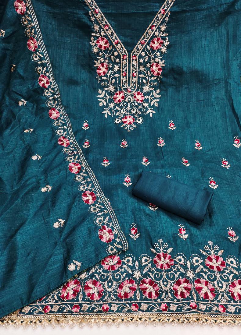 sea green unstitched thread embroidery with embroidered dupatta silk blend dress material