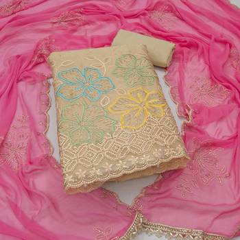 beige unstitched thread work beads work with embroidered dupatta salsa dress material 1