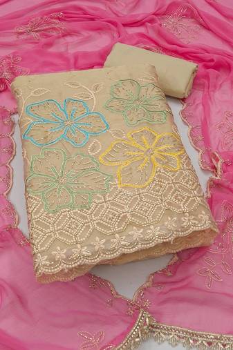 beige unstitched thread work beads work with embroidered dupatta salsa dress material