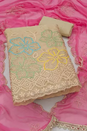 beige unstitched thread work beads work with embroidered dupatta salsa dress material