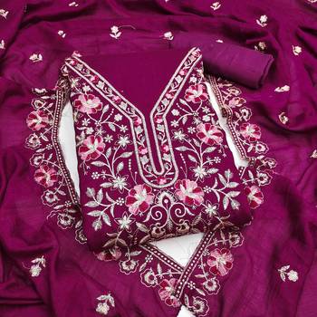purple unstitched thread embroidery with embroidered dupatta silk blend dress material 1