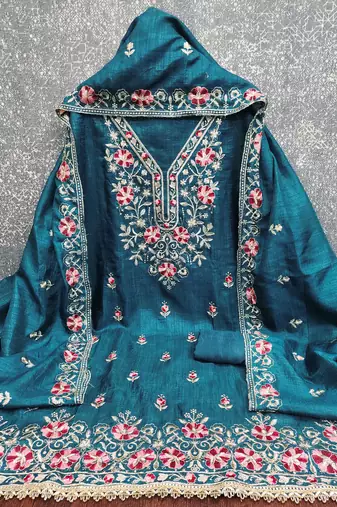 sea green unstitched thread embroidery with embroidered dupatta silk blend dress material