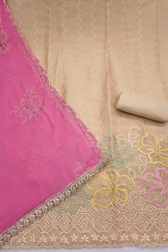 beige unstitched thread work beads work with embroidered dupatta salsa dress material