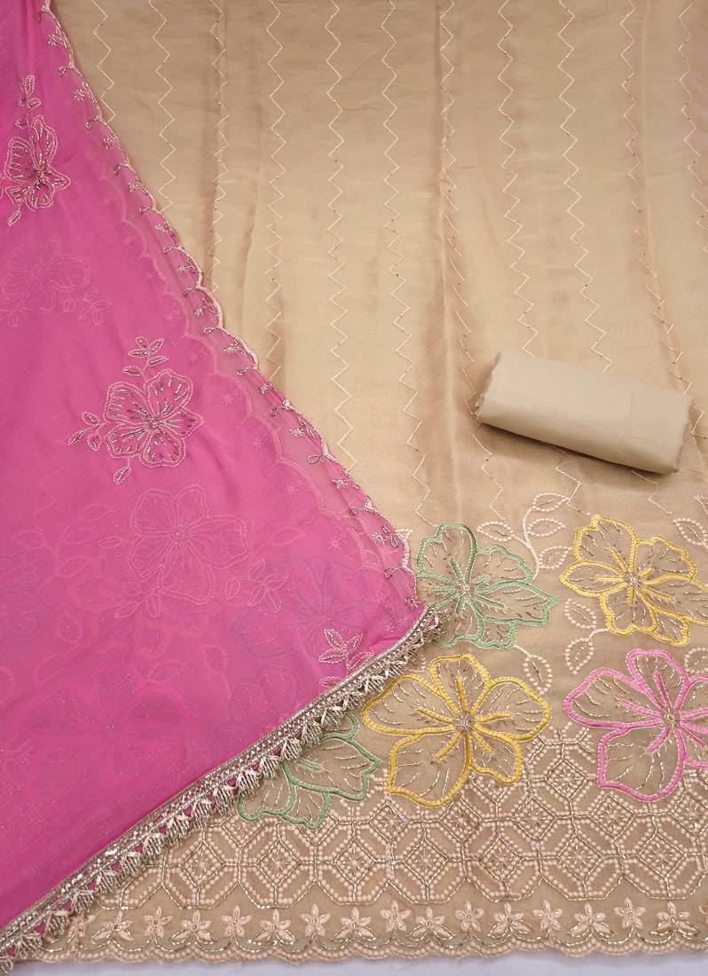 beige unstitched thread work beads work with embroidered dupatta salsa dress material