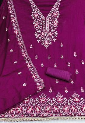 purple unstitched thread embroidery with embroidered dupatta silk blend dress material 2